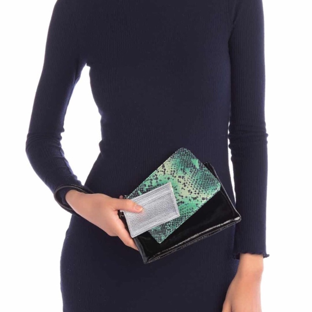 Leather Wristlet Clutch Set Black Green Silver